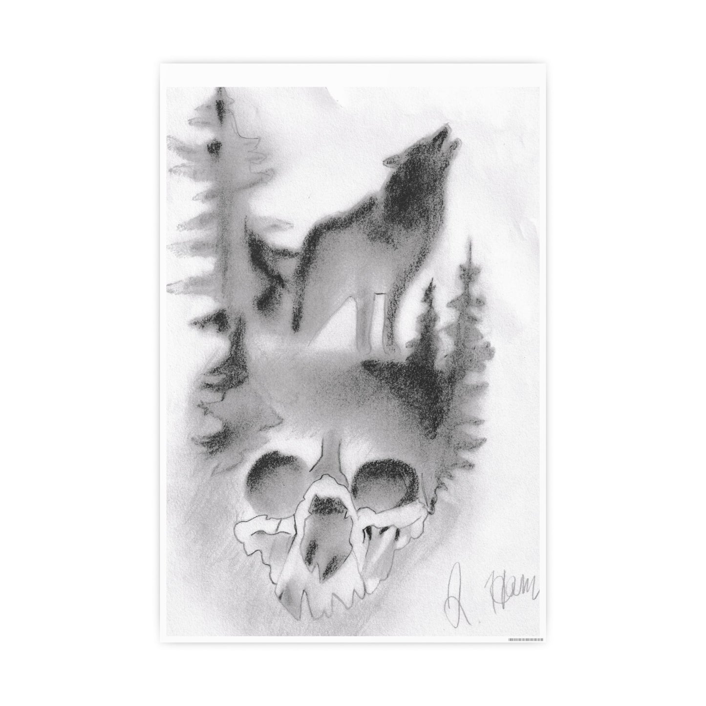 Howling Wolf on Skull Mount Pencil Art