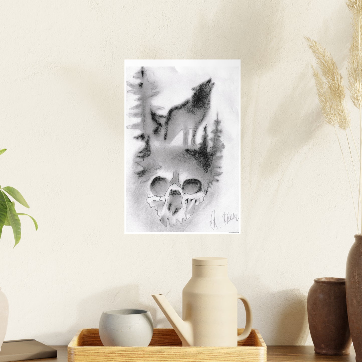 Howling Wolf on Skull Mount Pencil Art